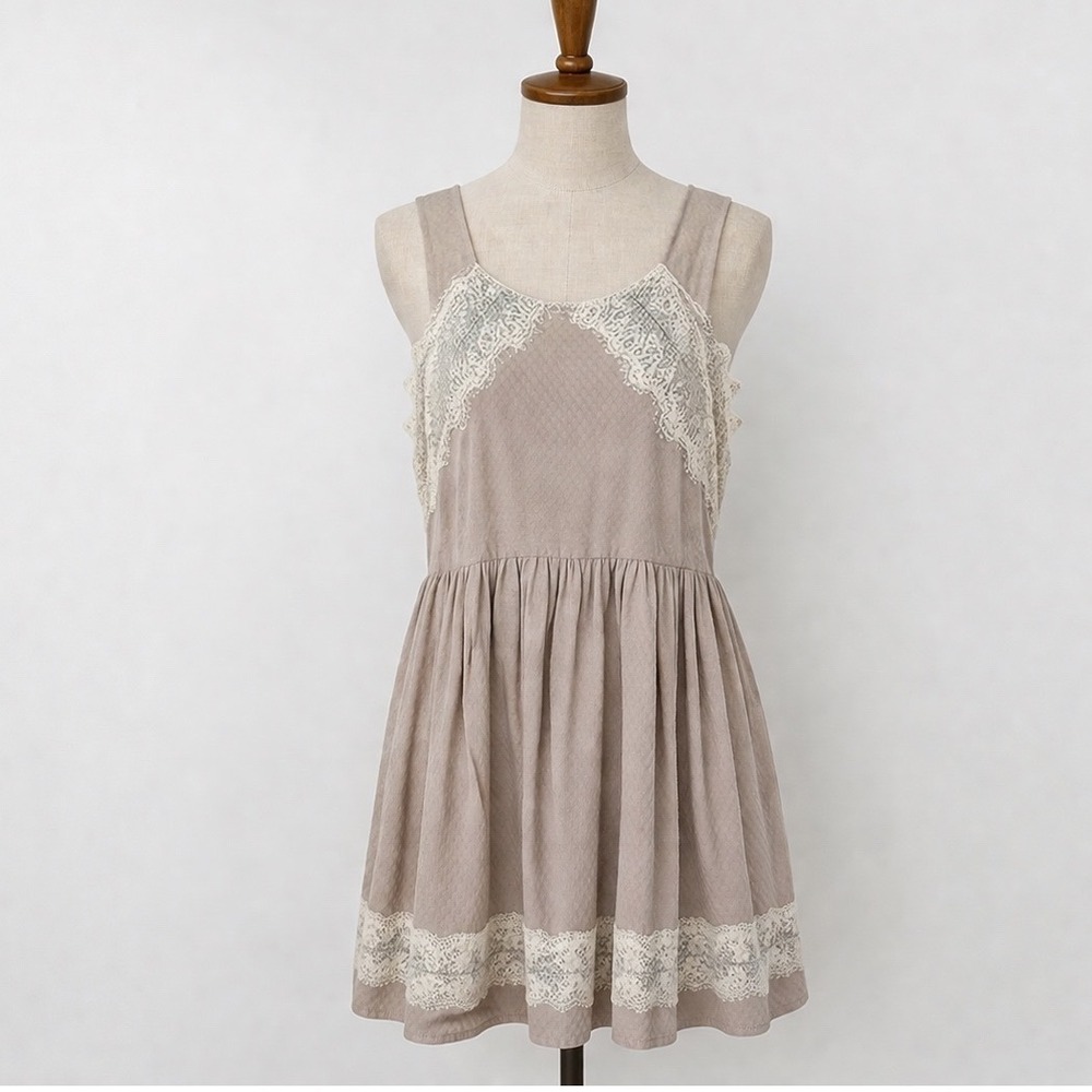 Free People Lace Trim Bohemian Fit Flare Mini Dress Tan Brown Women's Size 2